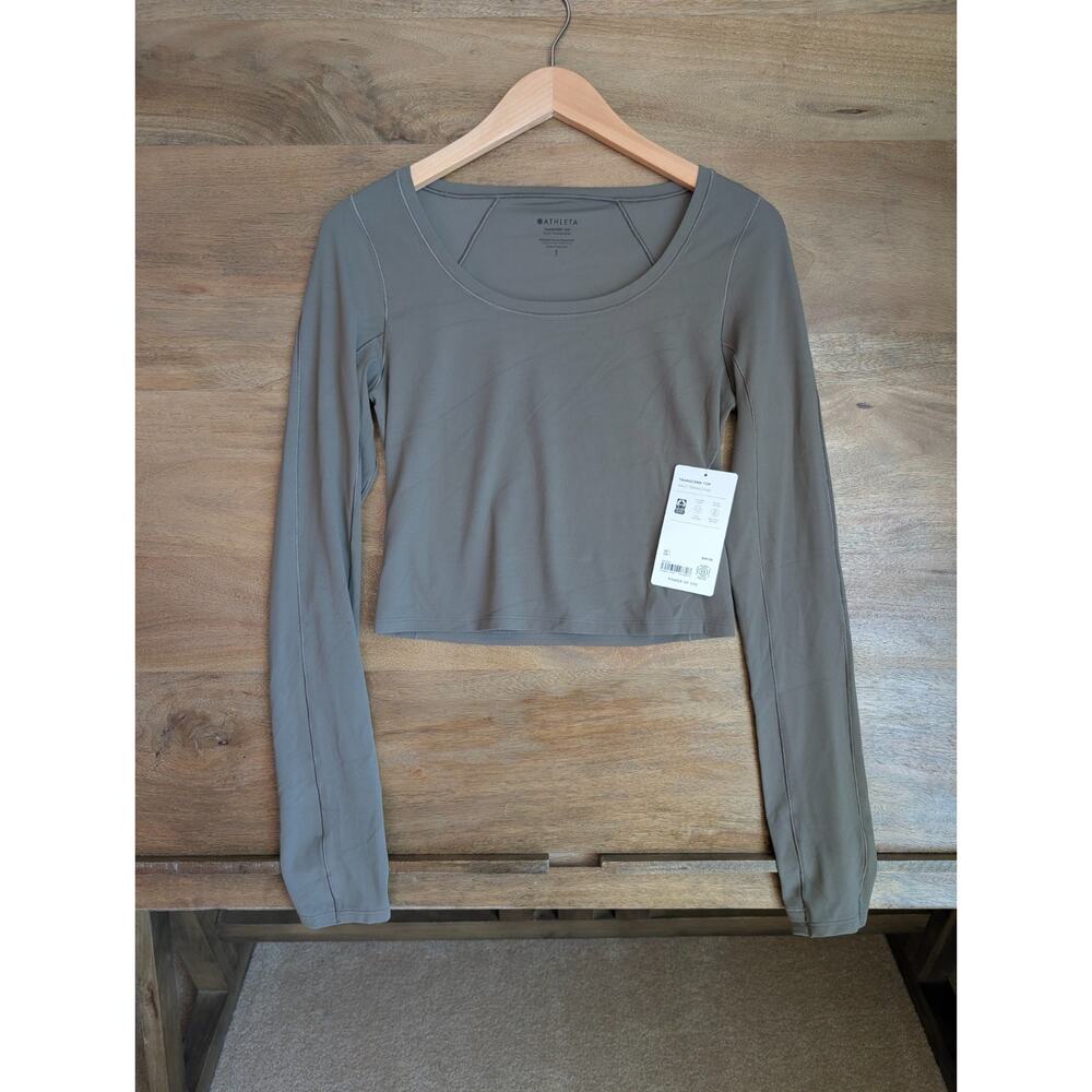 Athleta Transcend Top Womens Small Green Crop Quick Dry Long Sleeve Pullover NWT